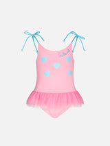 Girl one piece swimsuit with trims and glittered hearts
