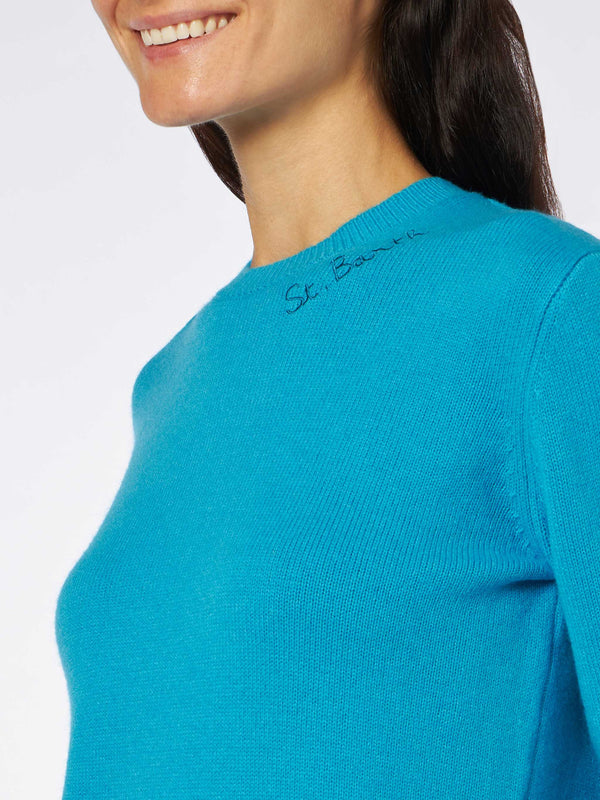 Woman crewneck turquoise sweater with St. Barth embroidery