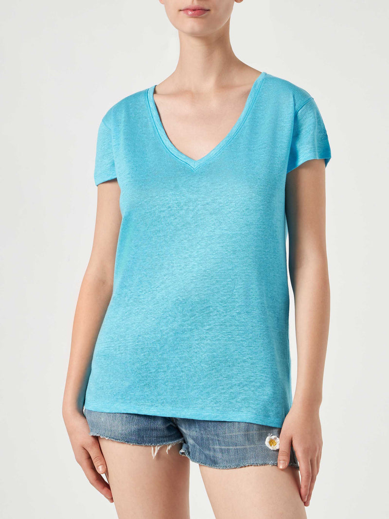 Woman turquoise linen t-shirt