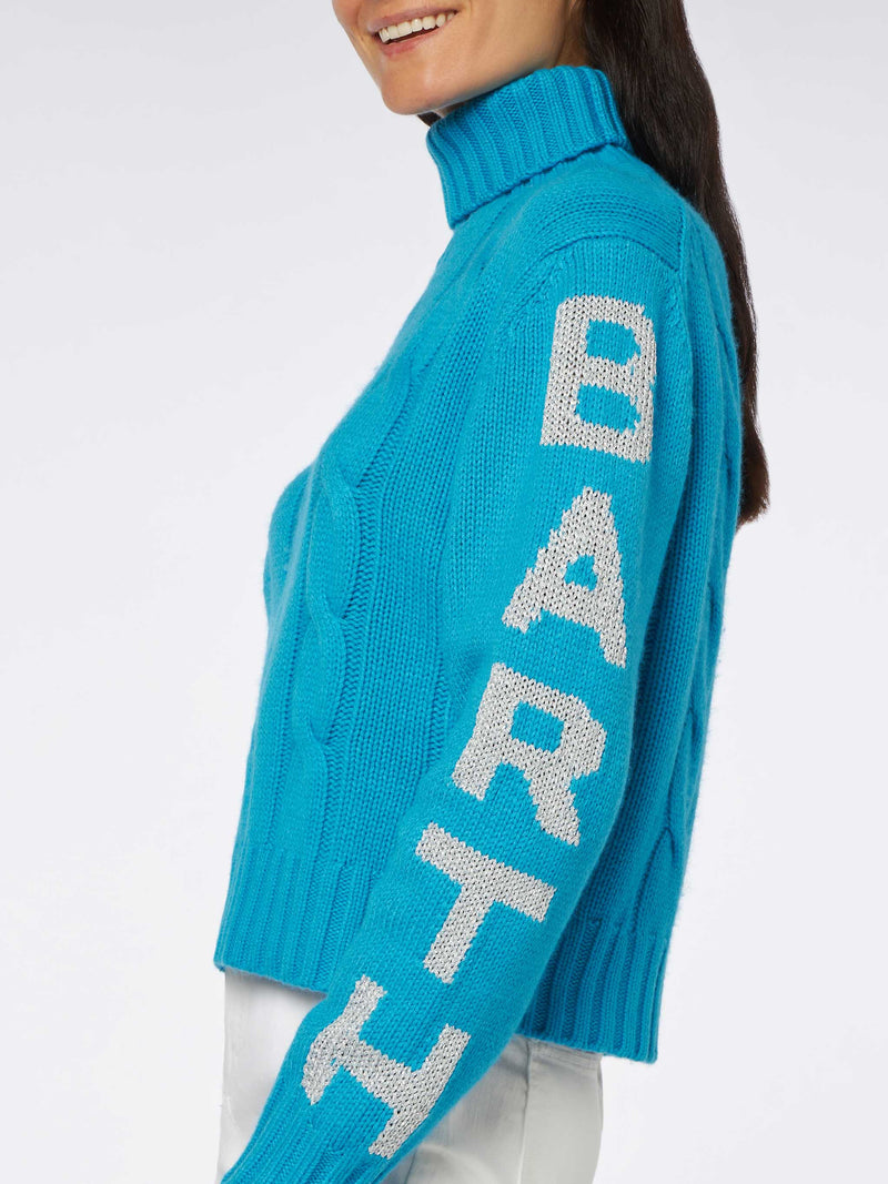 Woman turtleneck braided sweater with Saint Barth jacquard print