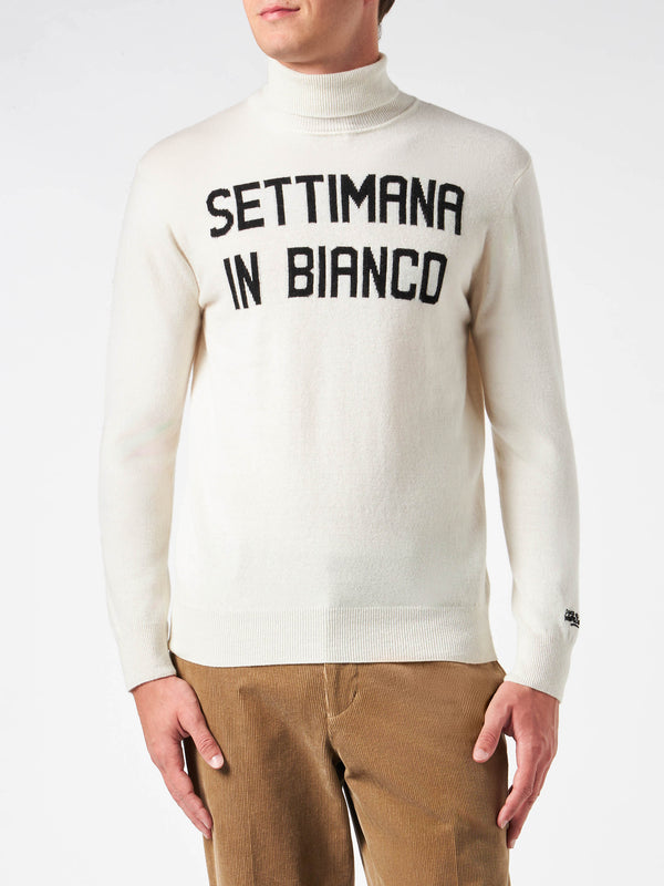 Man turtleneck sweater with Settimana in Bianco jacquard print