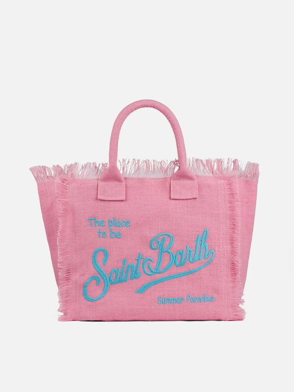 Vanity pink jute shoulder bag with embroidered logo