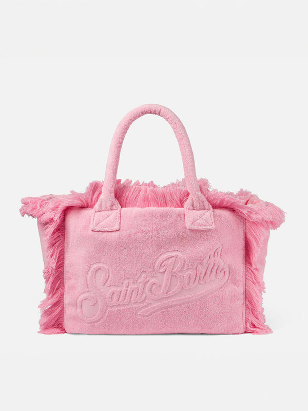 Morbida borsa a spalla Vanity  in spugna rosa con logo in rilievo