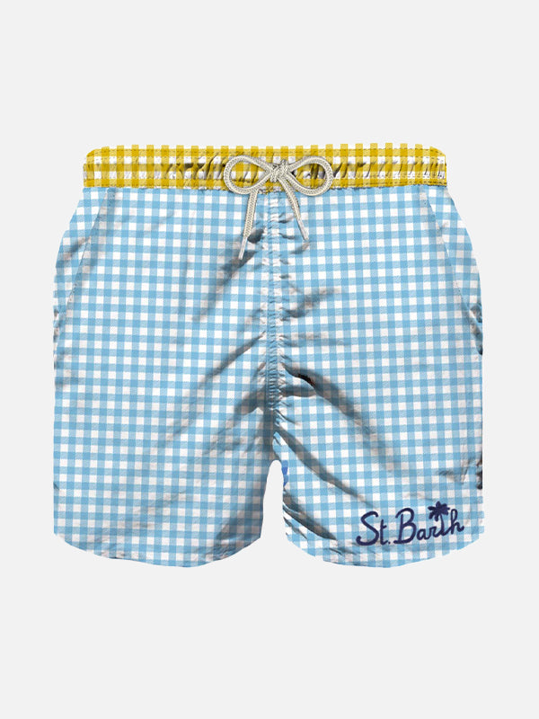 Light blue gingham boy's swim shorts with embroidery
