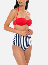 Bikini mit hohem Vintage-Badeanzug und blauem Streifenmuster