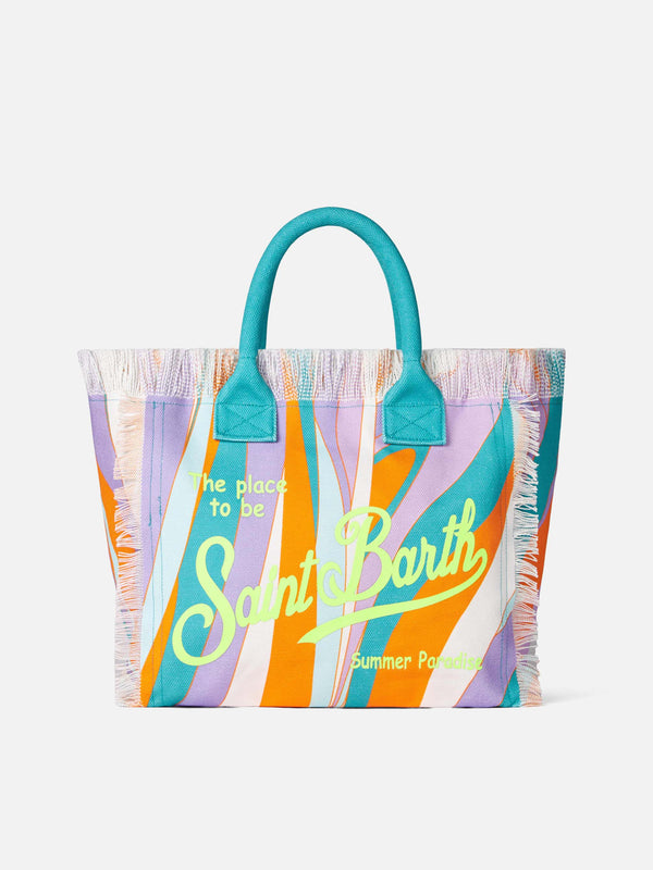 Vanity canvas shoulder bag with multicolor waves print