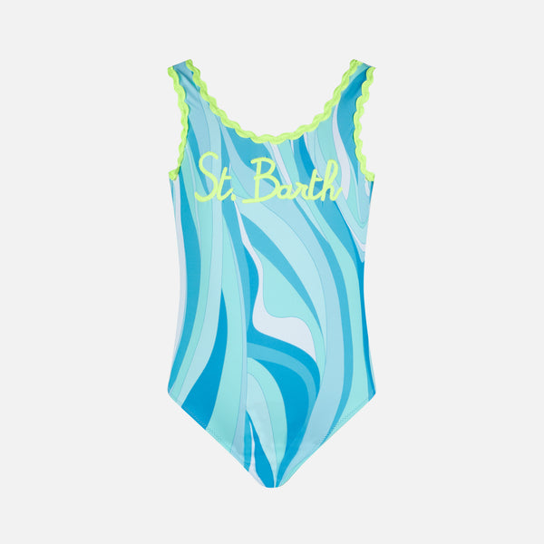 Girl one piece swimsuit with waves print