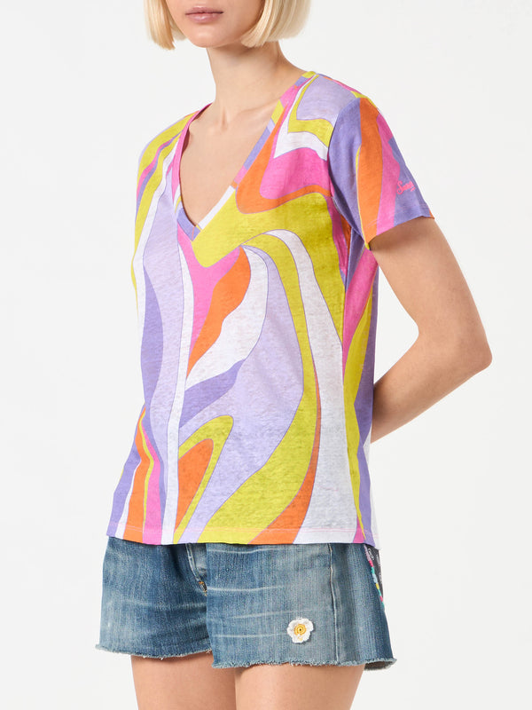 Woman linen t-shirt with wave print