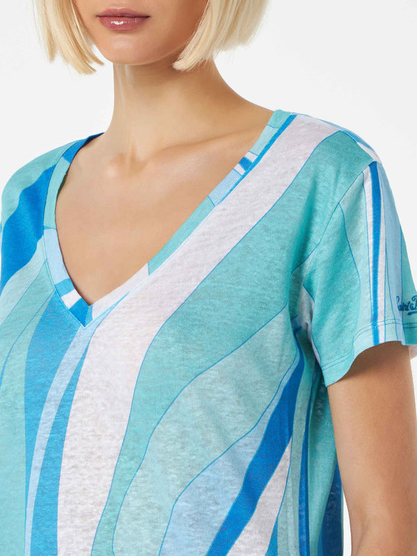 Woman linen t-shirt with wave print
