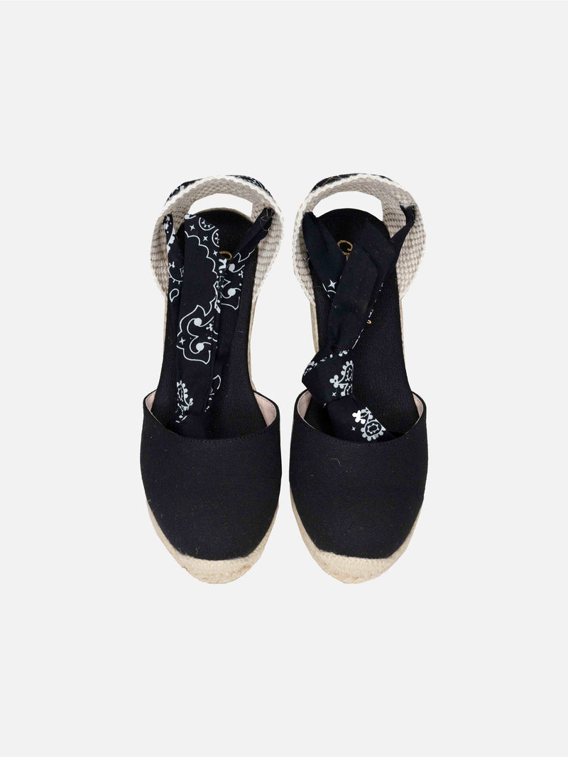 Black print canvas espadrillas with hight wedge and ankle lace