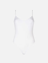 Woman white one piece swimsuit