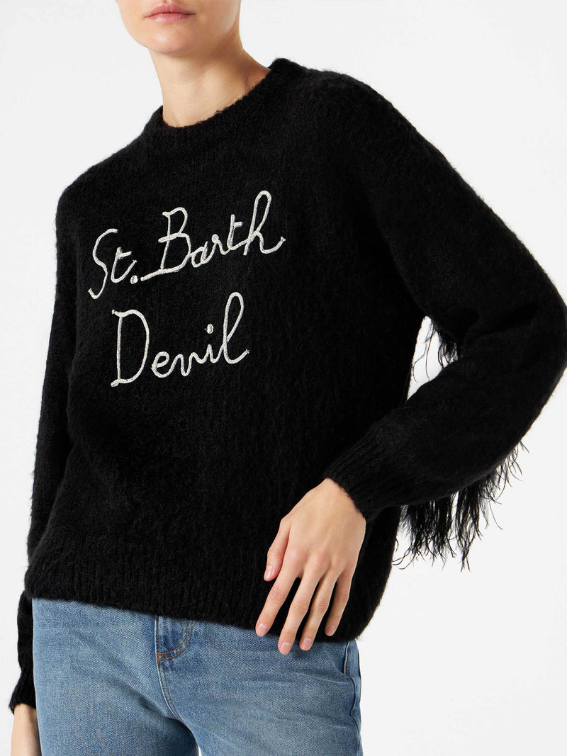 Woman black brushed crewneck sweater with fringe