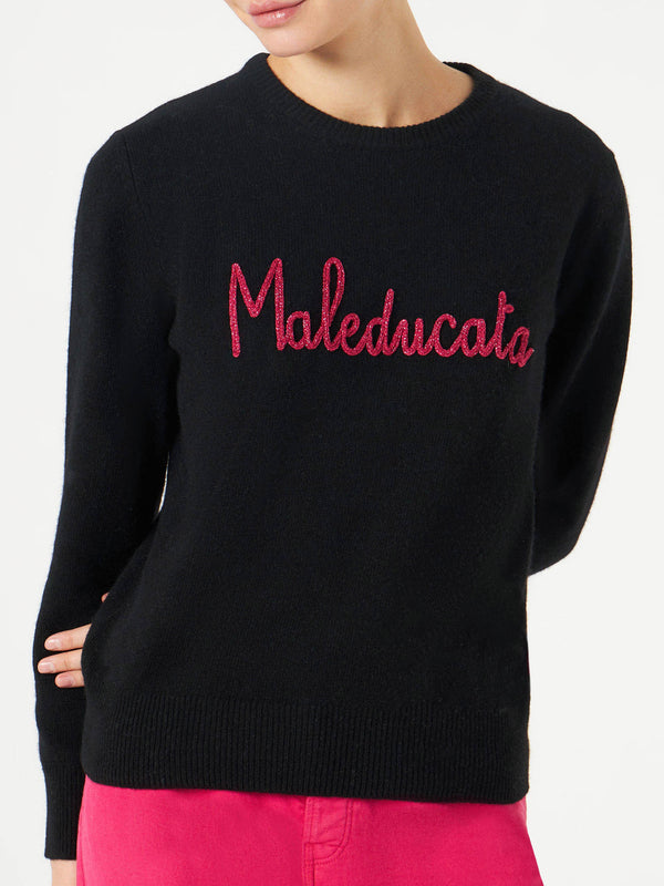 Schwarzer Damenpullover mit Maleducata Lurex-Stickerei