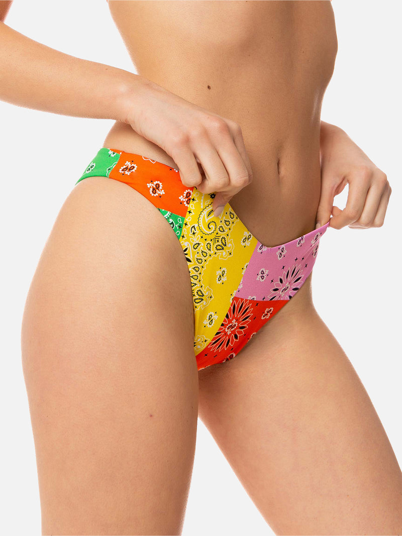 Woman cheeky swim briefs with multicolor bandanna print