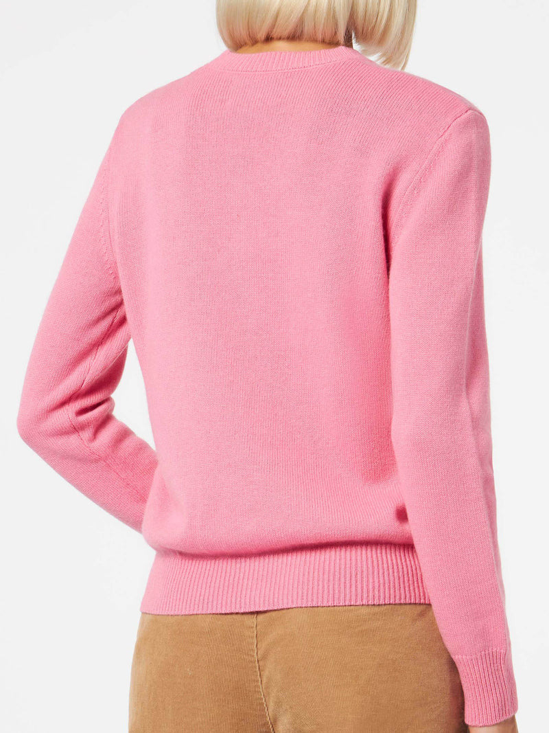 Woman crewneck pink sweater with Favolosa rhinestone print