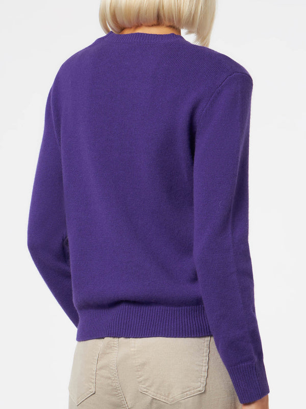 Woman crewneck purple sweater with St. Barth embroidery