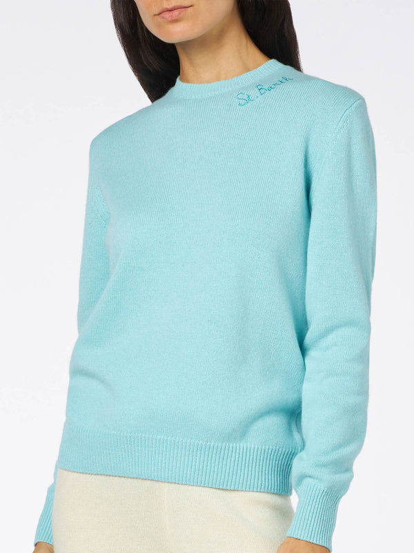 Woman crewneck water green sweater with St. Barth embroidery