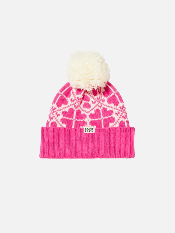 Woman fluo pink beanie with pattern