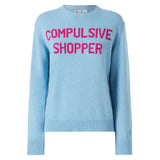 Woman crewneck light blue sweater with Compulsive Shopper print