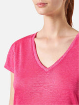 Damen-T-Shirt aus fuchsiafarbenem Leinen