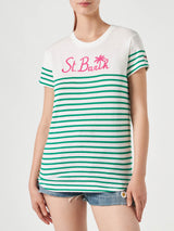 Green striped cotton t-shirt with St. Barth embroidery