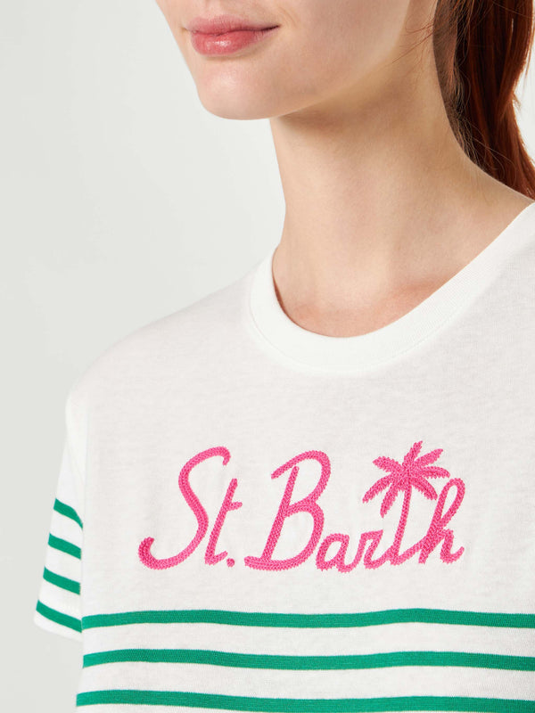 T-shirt in cotone a righe verdi con ricamo St. Barth