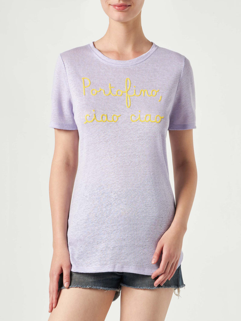 Linen t-shirt with Portofino, Ciao Ciao embroidery
