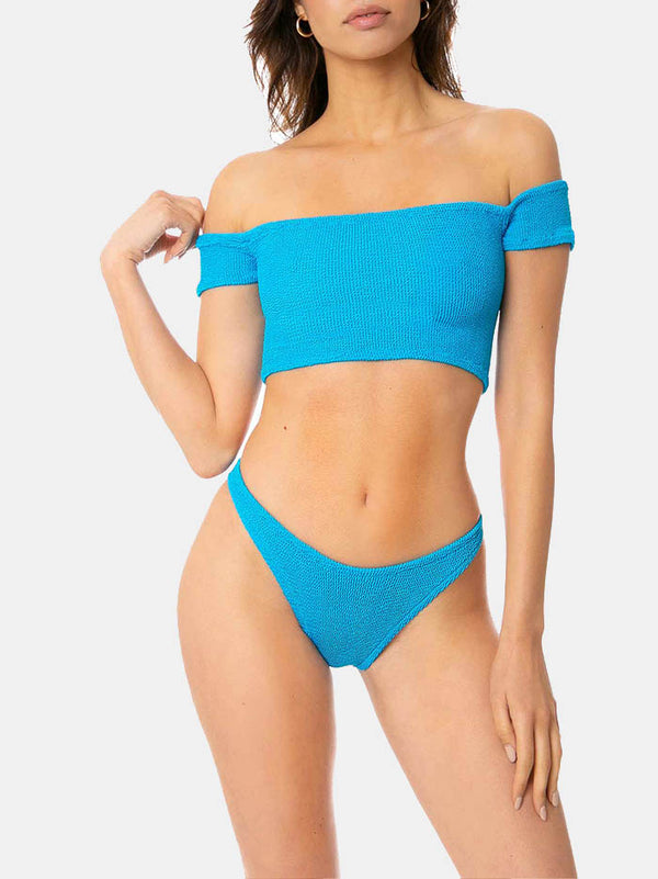 Woman turquoise crinkle wide shoulder strap bikini