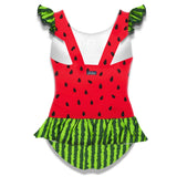 Girl ruffled one piece swimsuit with watermelon print