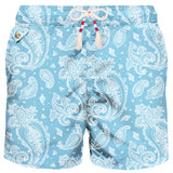 Man light fabric swim shorts with light blue paisley print