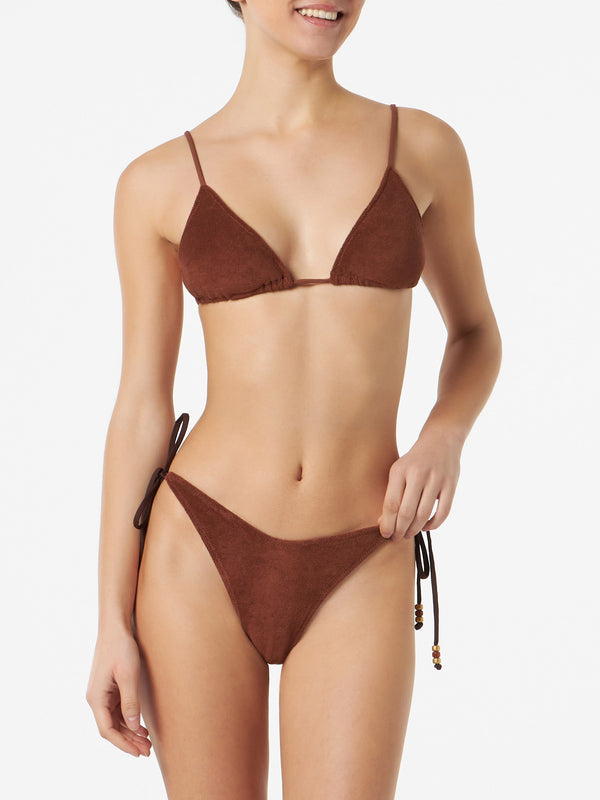 Woman brown terry triangle bikini