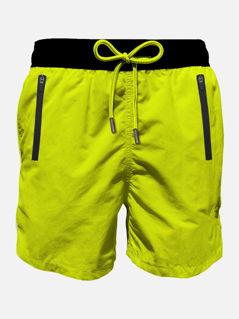 Fluo yellow light fabric zipped swim shorts