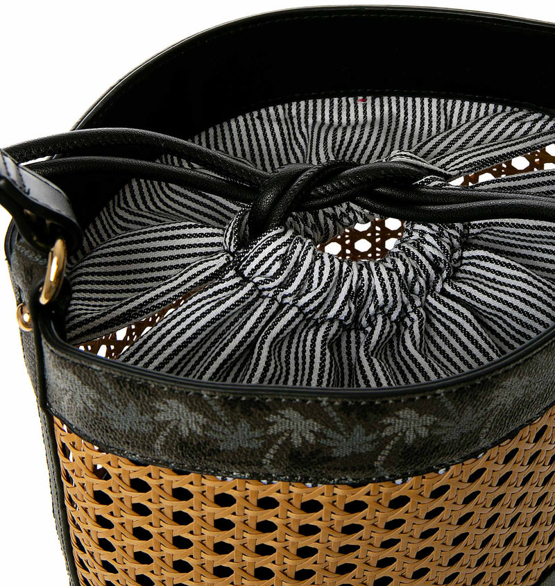 Straw bucket bag with black monogram details