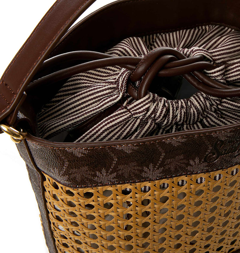 Straw bucket bag with brown monogram details