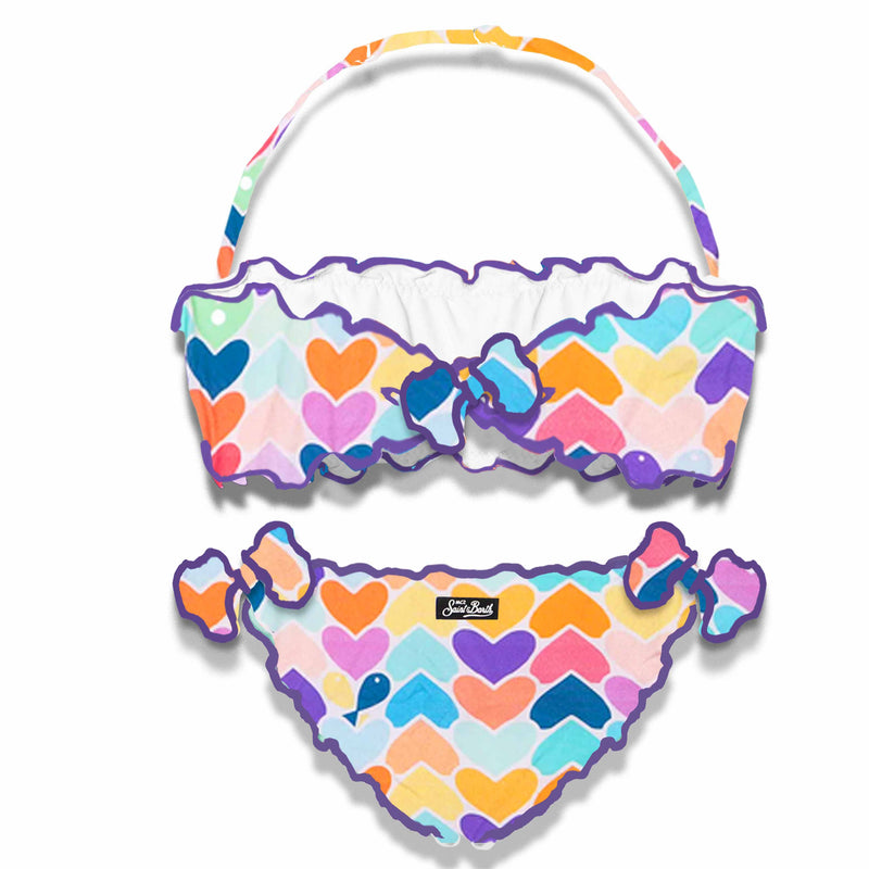 Mädchen-Bandeau-Bikini mit mehrfarbigem Herz-Print