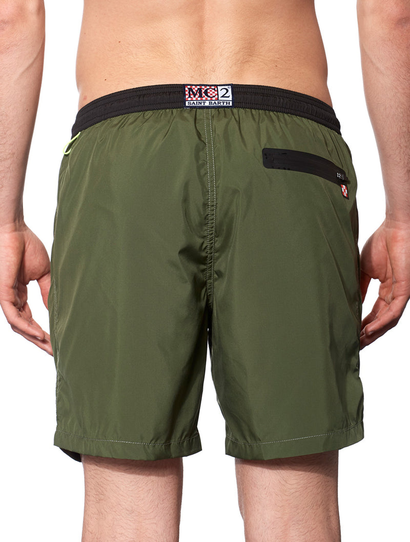 Dark green light fabric zipped swim shorts