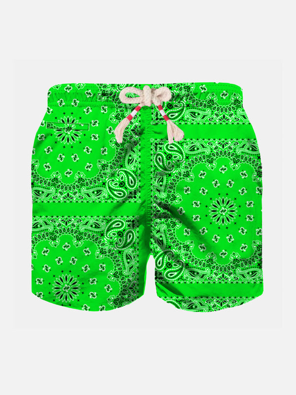 Boy fluo green swim shorts with bandanna print
