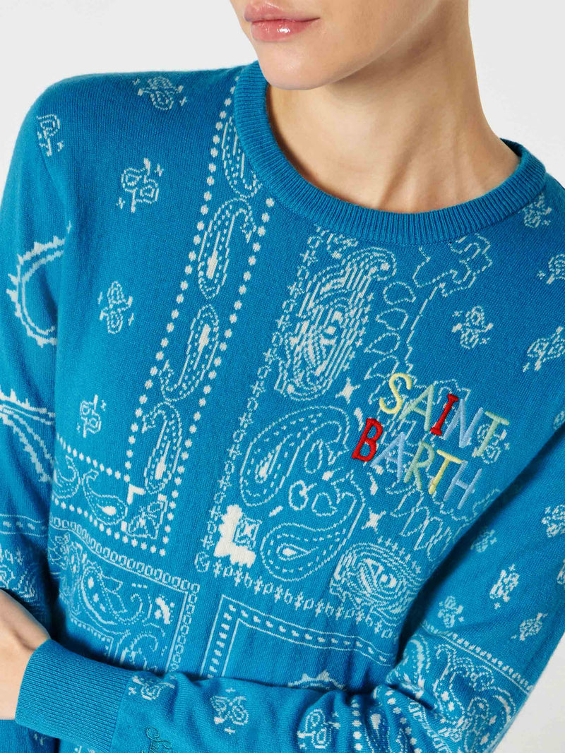 Woman sweater with bandanna print and Saint Barth embroidery