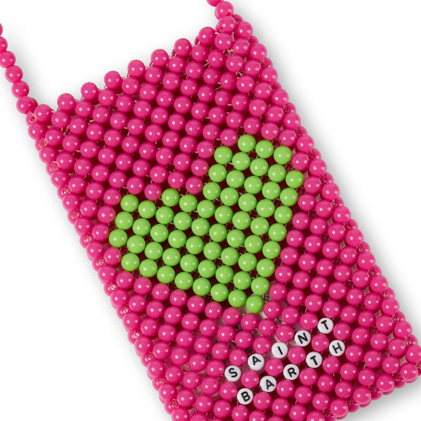 Rosafarbener Handyhalter aus Perlen mit grünem Herz