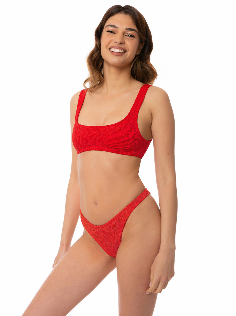 Woman red crinkle swim briefs