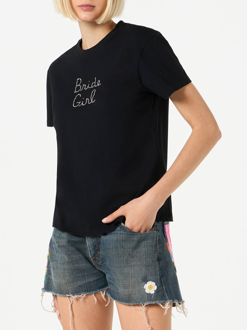 Damen-T-Shirt aus Baumwolle mit „Bride Girl“-Strassstickerei