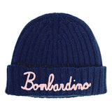Blue navy blended Cashmere woman cap Bombardino pink embroidery