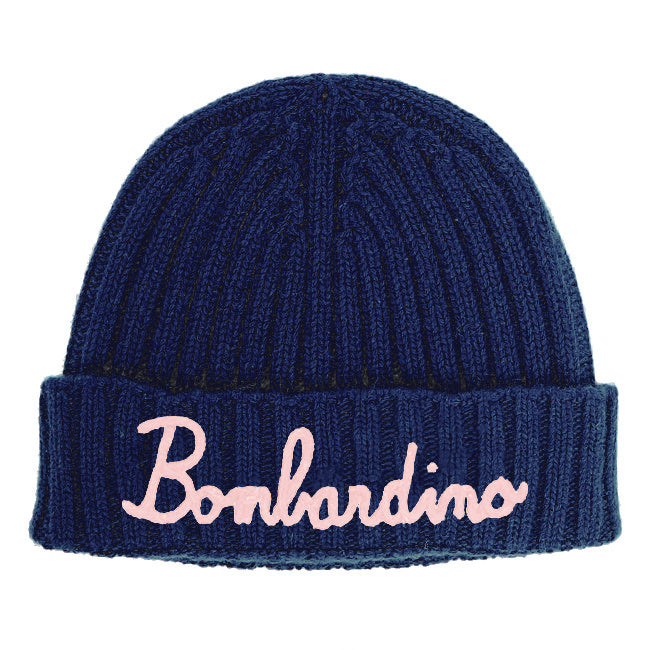 Blue navy blended Cashmere woman cap Bombardino pink embroidery