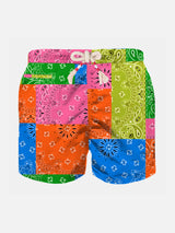 Boy swim shorts with multicolor fluo bandanna print