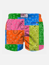 Badeshorts für Jungen mit mehrfarbigem Fluo-Bandana-Print