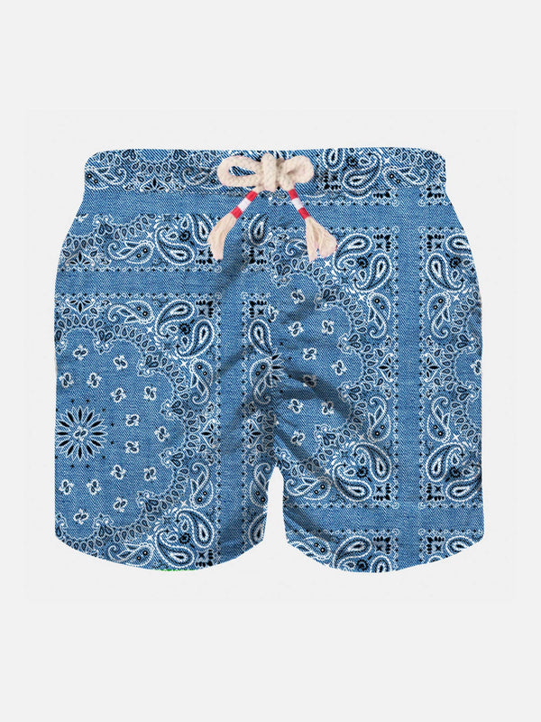 Boy denim swim shorts with bandanna print