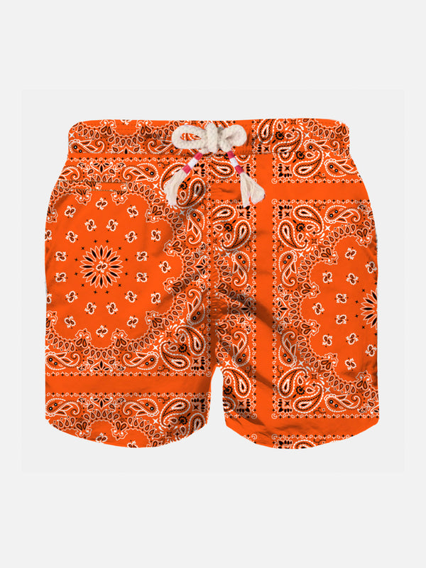 Boy swim shorts with orange bandanna print