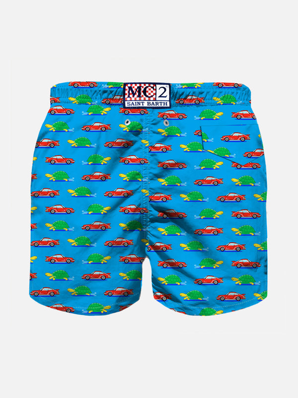 Boy swim shorts with turtle and car print