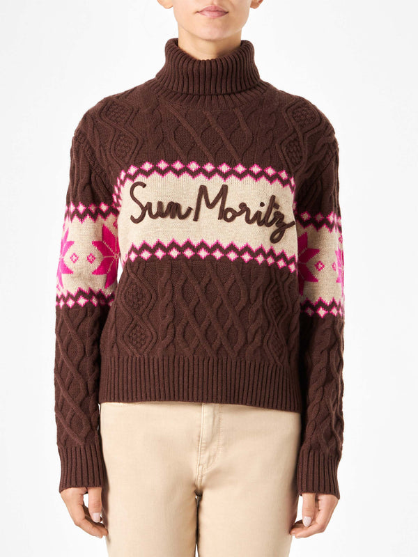 Woman half-turtleneck sweater with Sun Moritz lettering
