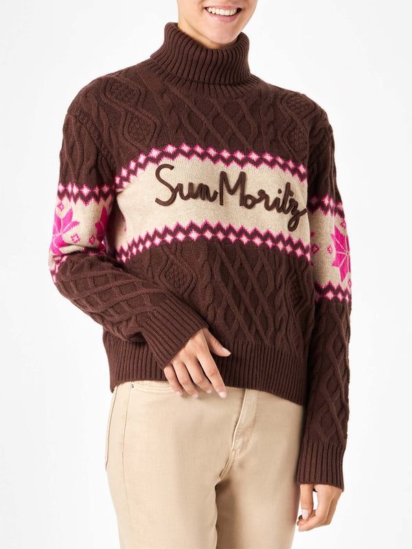 Woman half-turtleneck sweater with Sun Moritz lettering